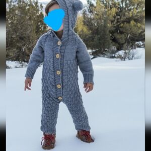 Gray cableknit sweater suit baby bunting bear ears button up long sleeve onesie